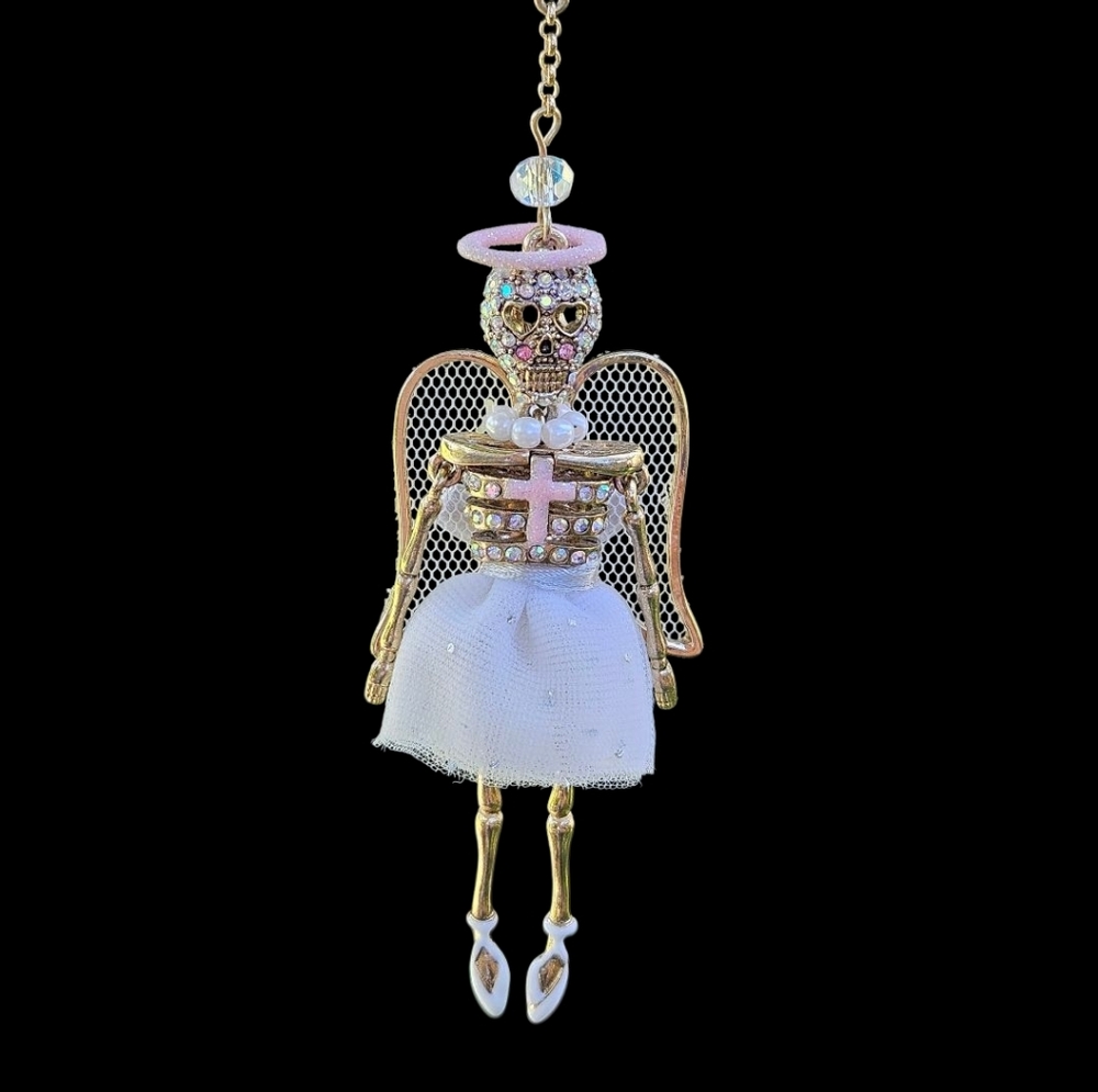😈👼Betsey ANGEL DEVIL A&D Rosary Halo Wings Ballerina Skull Necklace - NWOT - Picture 4 of 8